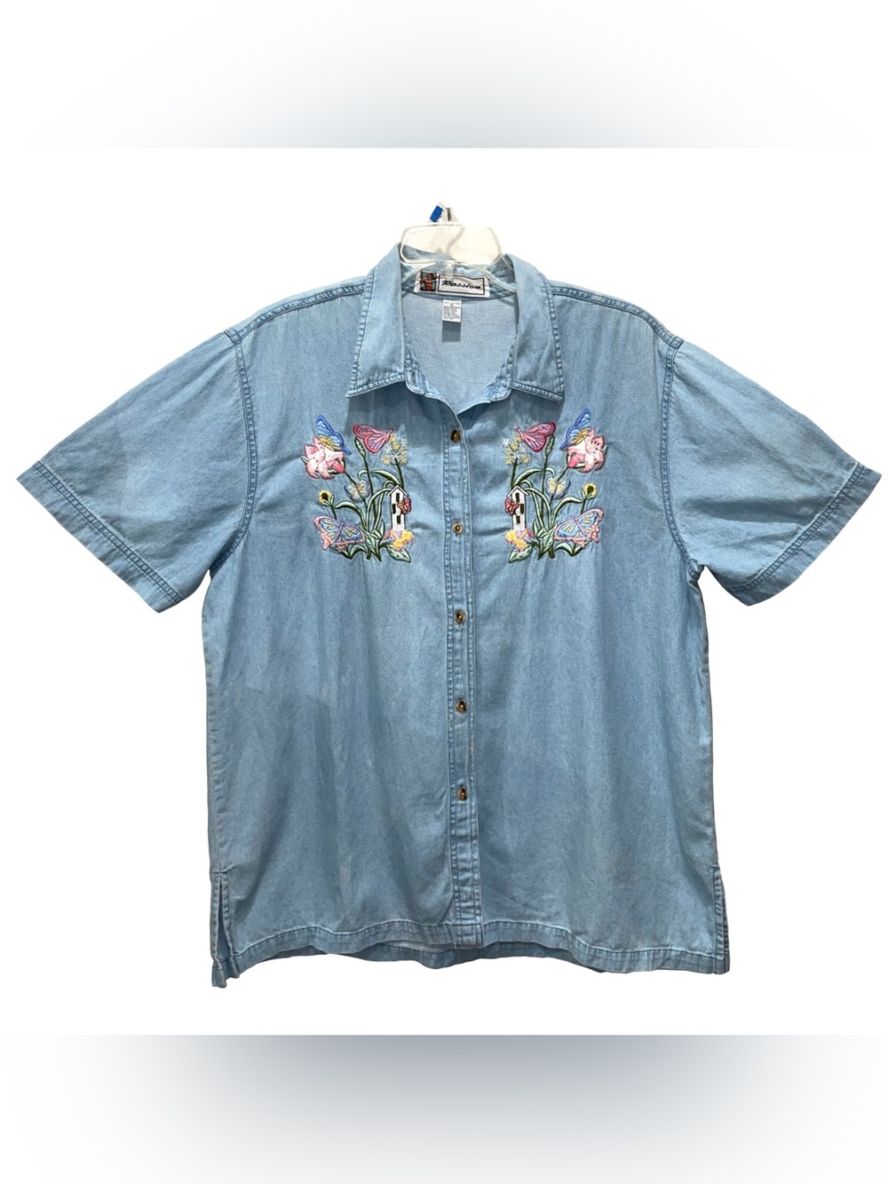 VTG Passion Denim Floral Butterfly Embroidery Button Up Garden Chore Cottage XL